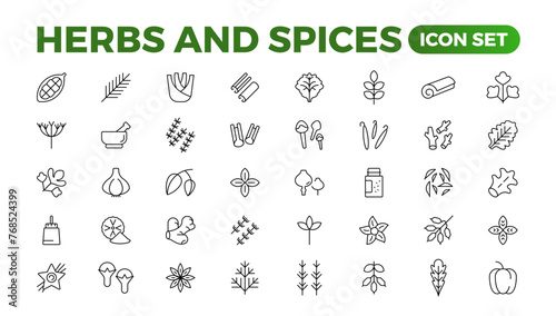 Herbs and spices - minimal thin-line web icon set. Outline icons collection. Spices, condiments, and herbs.Condiment icons set. Outline icon set.
