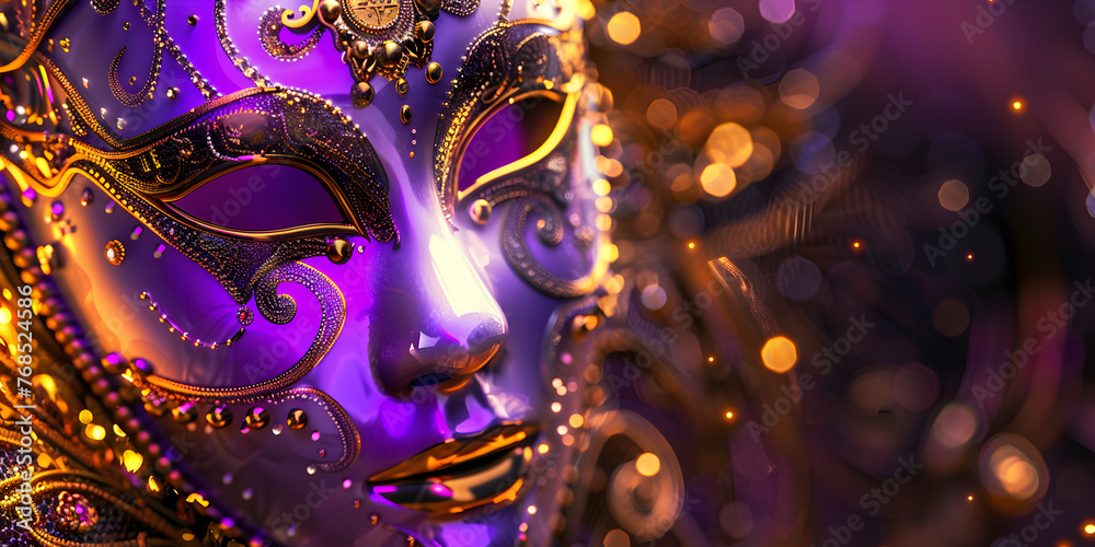 Mysterious carnival mask in ultra violet color, Purple and Gold Mardi Gras Banner with Mask Beads and Ornaments Celebrate the Carnival Season.
