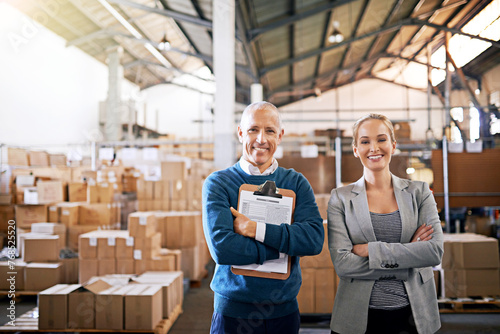 Boxes, confidence and portrait of business people in warehouse with package, logistics and distribution. Export, commerce and service team at cargo storage factory with clipboard, pride and smile © peopleimages.com