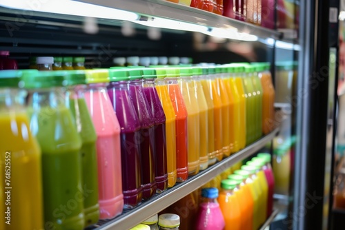 colorful rows of juices displayed in a fridge