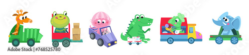 Cute characters in cars. Big set of transport and animals. Cartoon illustrations isolated on white background. Vector picture.