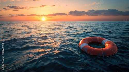 Lifebuoy Floating on Open Sea at Sunset. Rescue, Safety and Hope Concept photo
