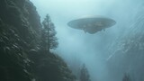 A silhouetted UFO hovers in a foggy mountainous landscape, implying a secretive or extraterrestrial presence.