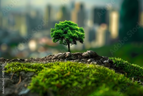 Miniature tree on top of the mountain with cityscape background. Ai generated