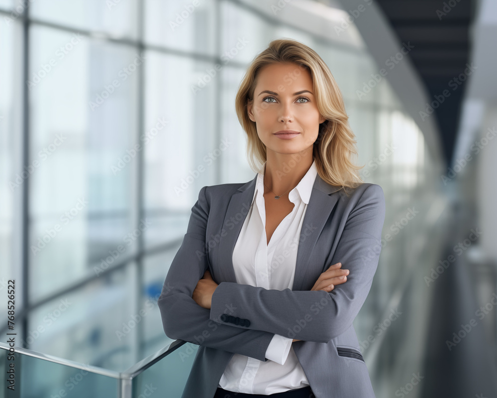 Elegant business woman standing proudly with her arms crossed, office in the background, banner style photoshoot. AI Generative. Elegant business woman standing proudly with her arms crossed, office in the background, banner style photoshoot. AI Generative.
