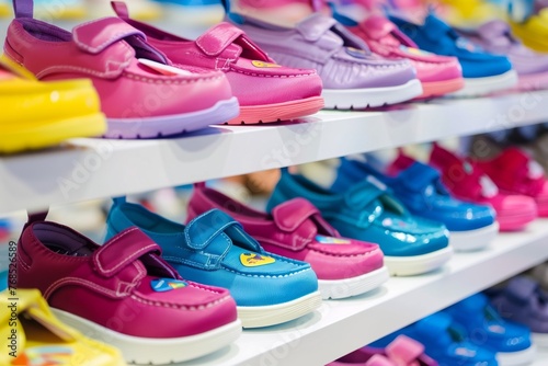 rows of colorful childrens shoes on white display shelves