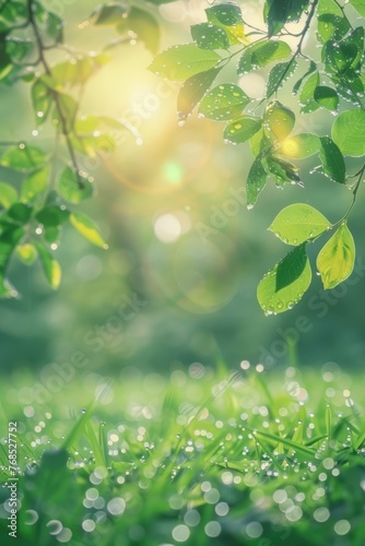 beautiful blurred spring leaves background with sunny bokeh effect