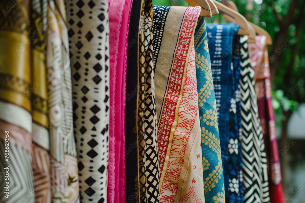 sarees hung on hangers, with focus on diverse patterns and colors sarees hung on hangers, with focus on diverse patterns and colors