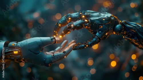 Human and robot hands reach out to each other, fingertips almost touching, in a dark scene with soft bokeh light in the background