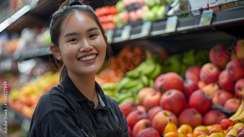 Friendly Female Supermarket Worker Engaging with Customers at the Fruit Section © kiatipol