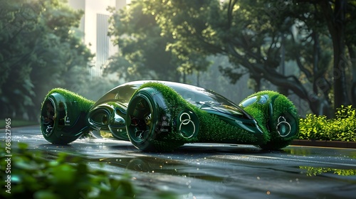 Futuristic Concept Car with Grass-Covered Body Promotes Sustainable Transportation in a Lush Outdoor Setting photo