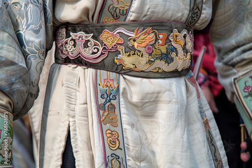 detailed costume shot of shaolin warriors embroidered silk belt