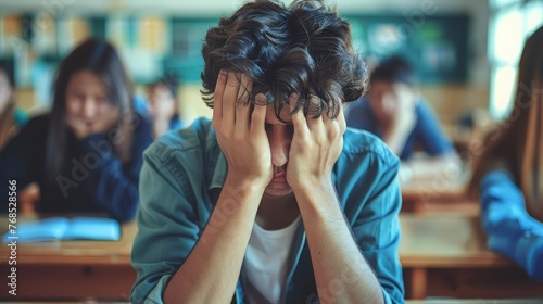 Male student covering his face and crying in class suffering from depression. Lonely teenage female student sat in school photo
