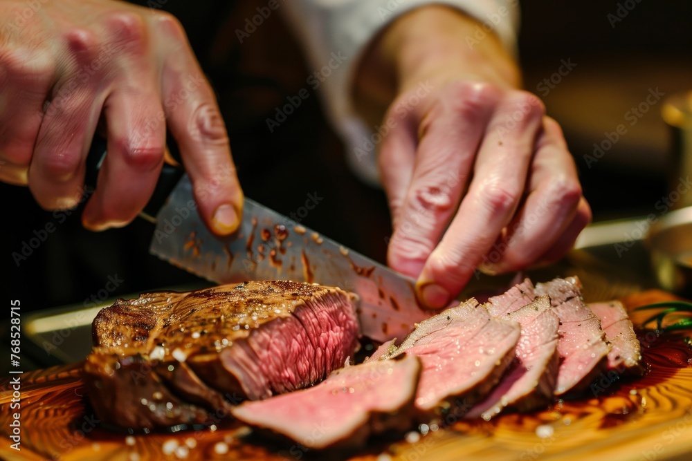 chefs hands slicing a mediumrare beef fillet