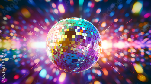 Shiny disco ball on the dance floor with bokeh background
