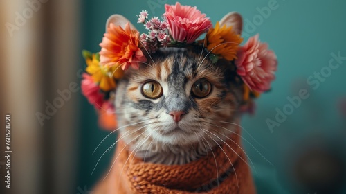 A calico cat against a split turquoise and soft coral background, dressed in a flowy, bohemian dress, adorned with flower crowns, embodying a free spirit.