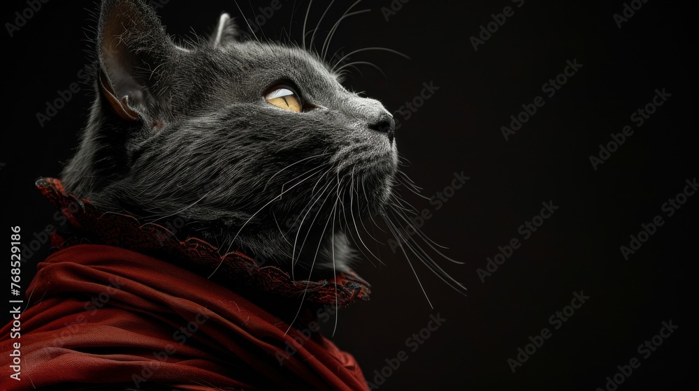 A cat in a gothic Victorian dress against a split black and blood red background, weaving a tale of dark romance and mystery.