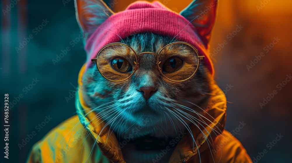 A cat in a hip-hop inspired outfit against a split neon green and electric blue background, showcasing urban style and vibrant energy.