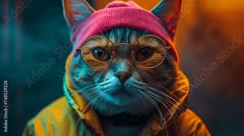 A cat in a hip-hop inspired outfit against a split neon green and electric blue background, showcasing urban style and vibrant energy.