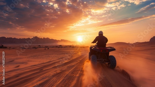 Man riding atv vehicle on offroad track, quad bike riders in the desert at sunset, extreme sport activities theme