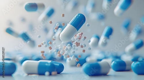 Capsule Pill Descending onto Table Antibiotic Drug for Community Healthcare photo