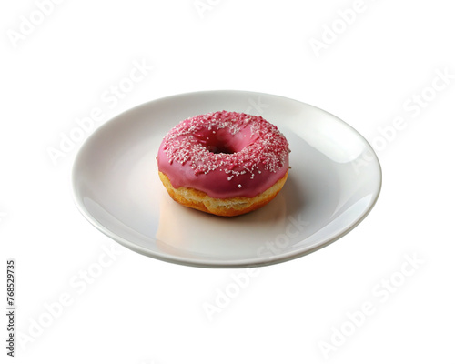 Pink donut with sprinkle on white plate. isolated on transparent background.