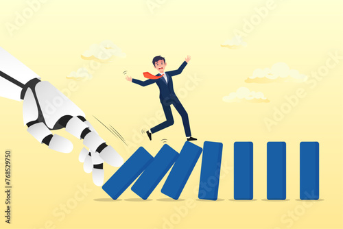 AI robot arm push to collapse domino, businessman falling down, AI to disrupt human work, Artificial intelligence impact or challenge, job uncertainty future, innovation effect, AI change (Vector)