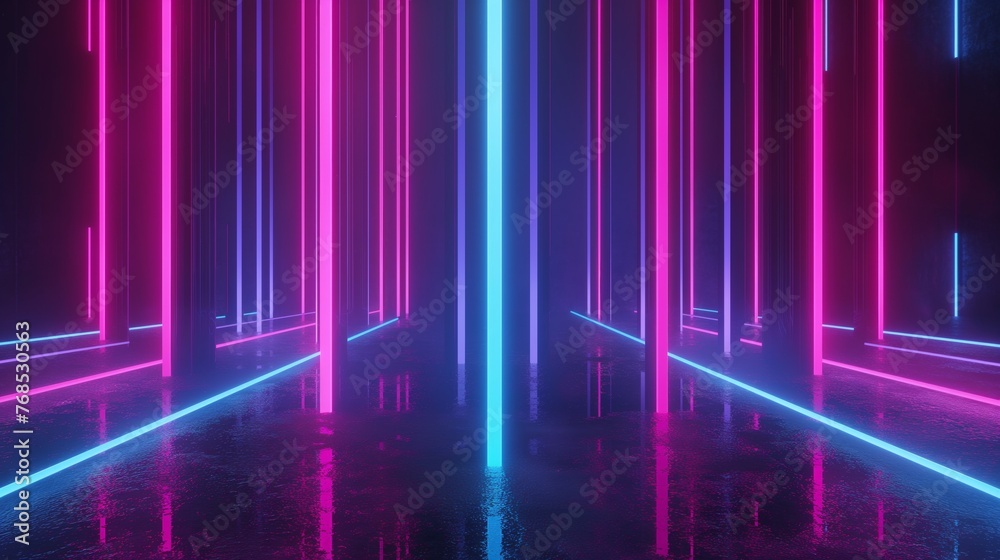 A surreal, neon-lit landscape with glowing pink and blue vertical lights reflected on a glossy surface.