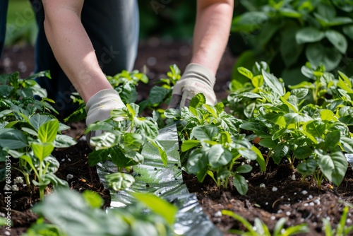 person placing reflective mulch around plants to deter aphids