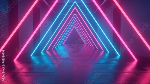 Futuristic neon-lit corridor with triangular shapes creating a sense of depth and perspective. © cherezoff