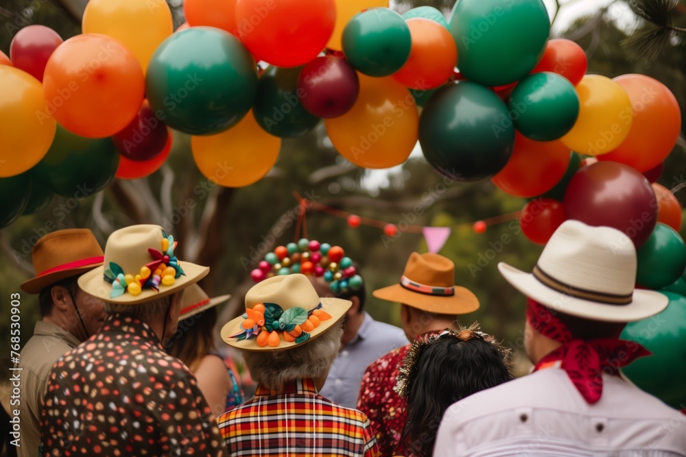 group in hats with a festive balloon arch in the background