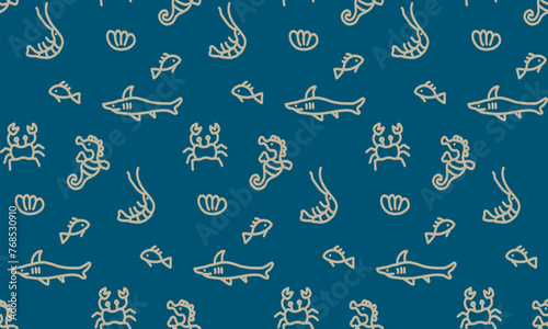 Seamless pattern with sketch of Seal Ocean life organisms shells, fish, crab and seahorse.