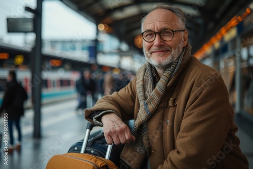 Portrait of a smiling senior man with luggage at the train station