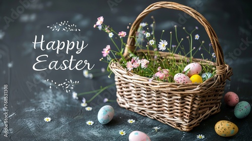 Joyous Easter Greetings with a wicker basket, small flowers and colourful Easter eggs