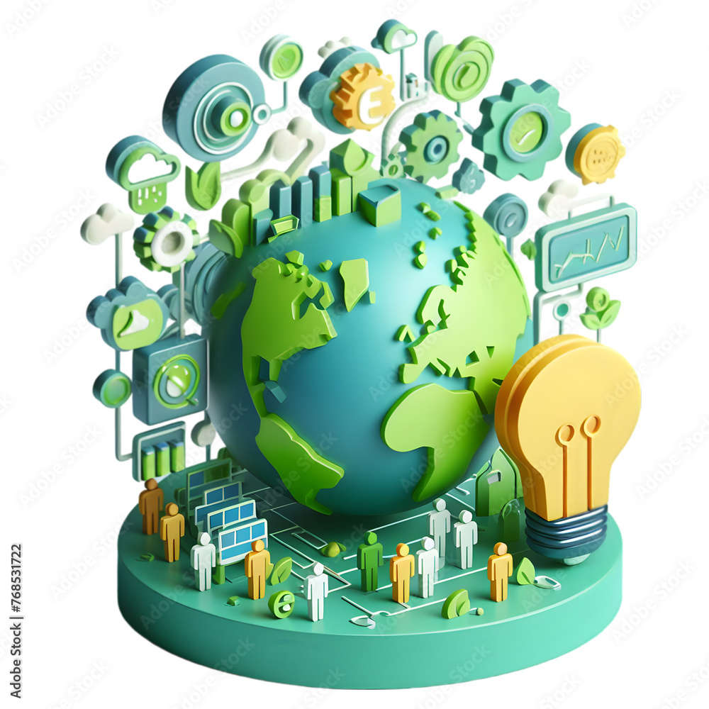 3D flat icon for business as Green tech innovation hubs around the world in Zero Carbon with Globe Innovation abstract theme with isolated white background ,Full depth of field, high quality ,include 