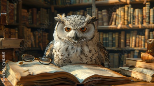 A wise owl librarian organizing books on towering shelves, glasses perched on its beak, surrounded by scrolls and ancient tomes.