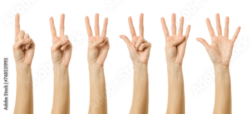 Counting gestures. Multiple images set of female caucasian hand with french manicure counting from one to five