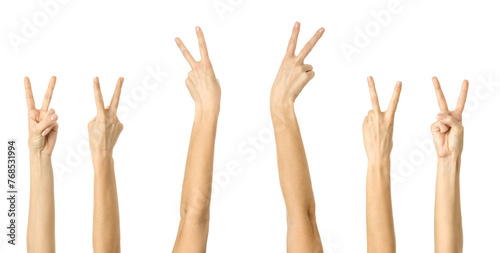 Peace sign. Multiple images set of female caucasian hand with french manicure showing Peace gesture