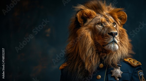 Brave Lion as a Police Officer  A lion in a police uniform  with a badge and a radio  standing authoritatively against a navy blue background.