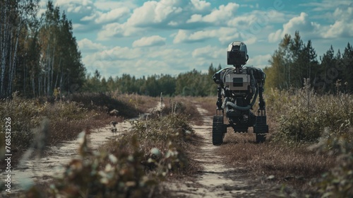 A modern robot strides down a forest trail indicative of exploration or patrol in a natural environment.