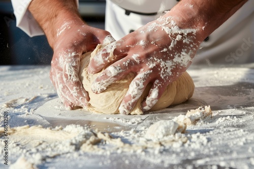 chefs hands kneading bread dough on floured surface