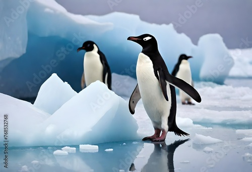Adelie penguin  Pygoscelis adeliae  on blue ice berg. Graham Passage  Antarctic Peninsula  Antarctica. DIGITAL COMPOSITE penguin on ice