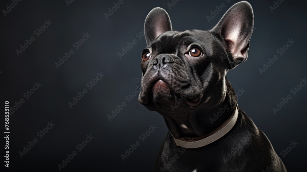 portrait funny cute french bulldog puppy dog on dark black background with copy space for text. banner