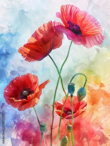 Poppies symbolizing honor and memory, Memorial Day, vibrant colors, proud stance, watercolor art style , super detailed