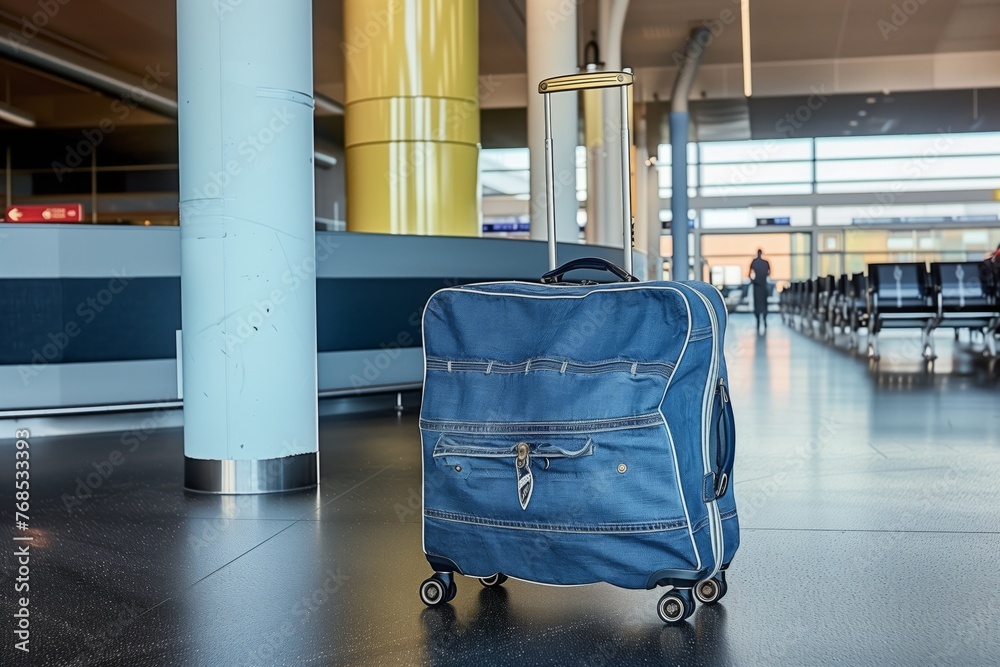 denim suitcase with wheels being pulled through an airport lounge