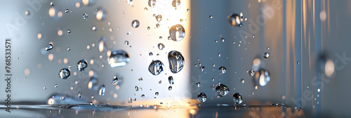 three drops of water falling from a door, in the style of rendered in unreal engine, bokeh, ue5, spectralist, smooth surfaces, shot on 70mm, light background