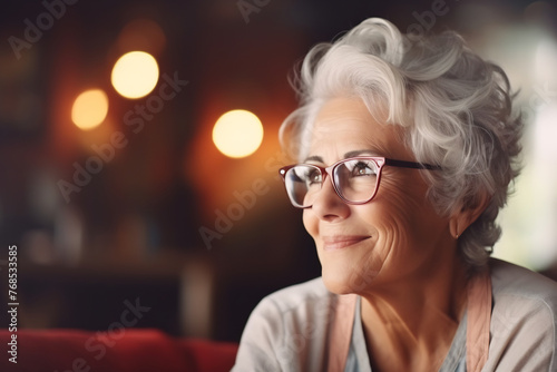 Reflective Senior Woman with Glasses Gazing into the Distance, Warm Indoor Light Creating a Soft Glow, Portrait of Age-Defined Beauty and Wisdom