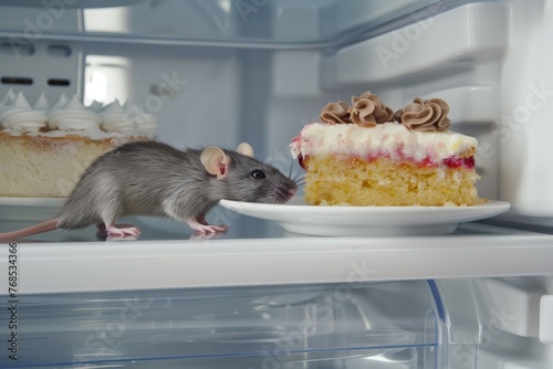 a rat next to a piece of cake on a refrigerator shelf © altitudevisual
