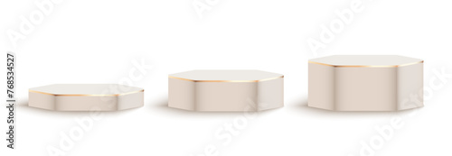 Beige matte hexagonal podium of different heights with gold trim, winner platform or product display. Cream hexagon stage, exhibition stand isolated on transparent background, 3d vector.