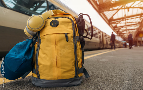 Yellow backpack with headphones and cap on the platform in a train station. Travel touristic concept. travel light